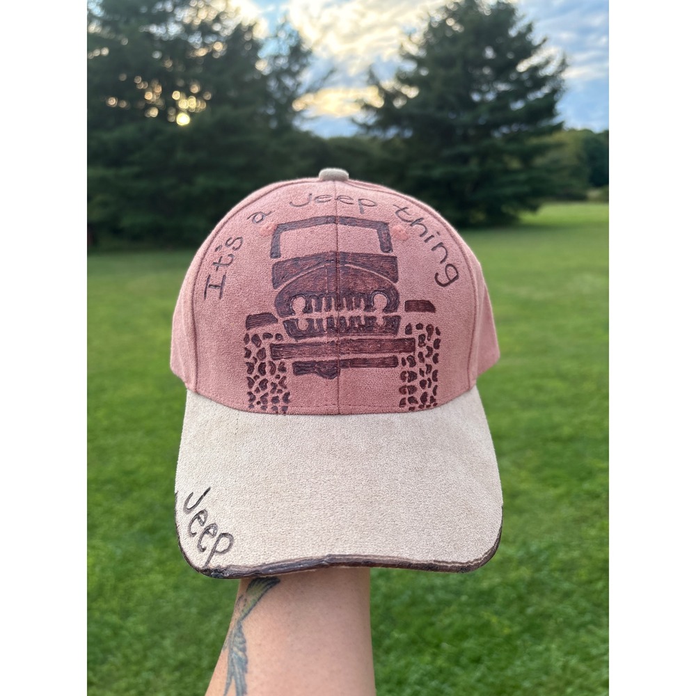 Custom Wood Burned Jeep Baseball Cap Its A Jeep Thing Pink Tan Faux Suede Hat